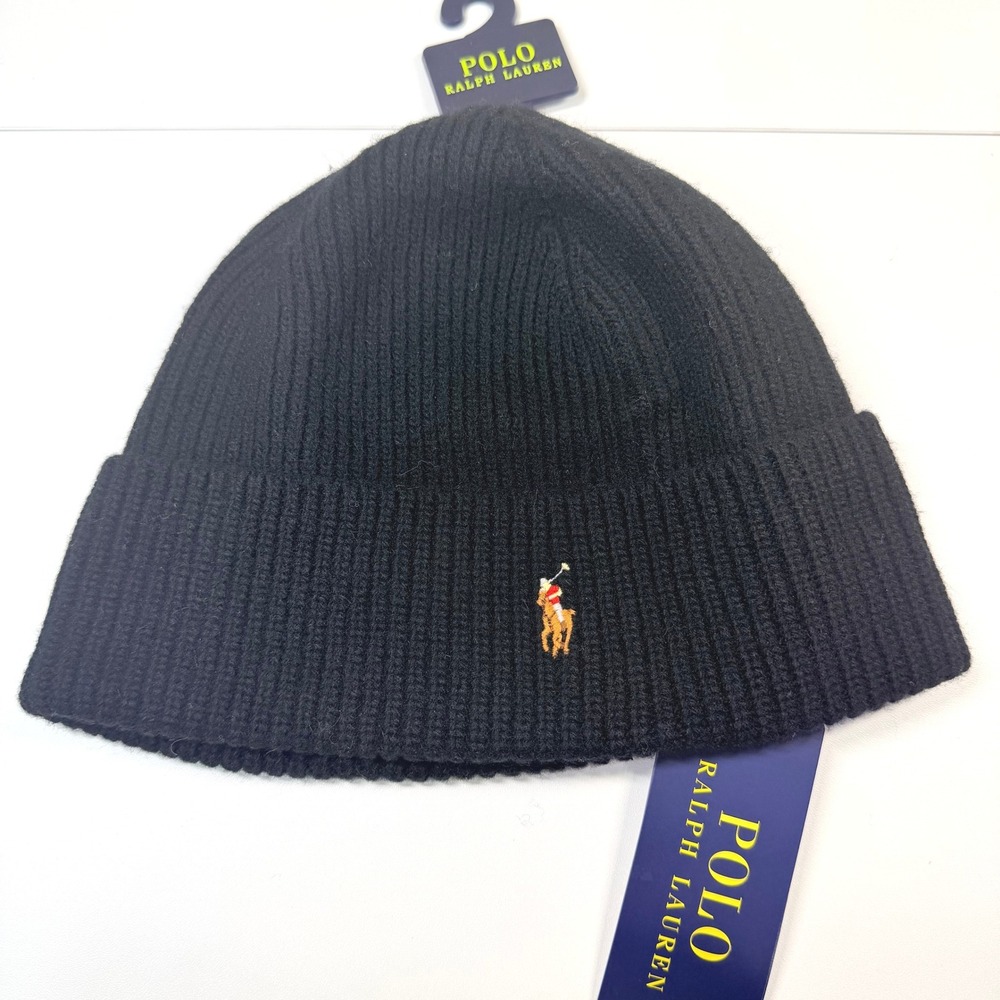 Polo Ralph Lauren Ribbed Beanie Men O/S Black Wool Blend Pony Logo PC0483 Hat